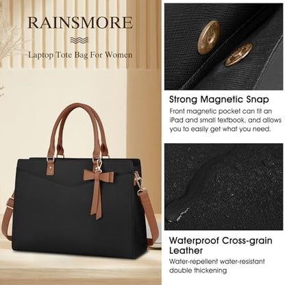 RAINSMORE Laptop Bag for Women 15.6 Inch PU Leather Laptop Tote Bag Professional Business Office Briefcase Waterproof Work Bag Computer Tote Bag Large Lightweight Handbag Shoulder Bag - color: Black and Dark Brown