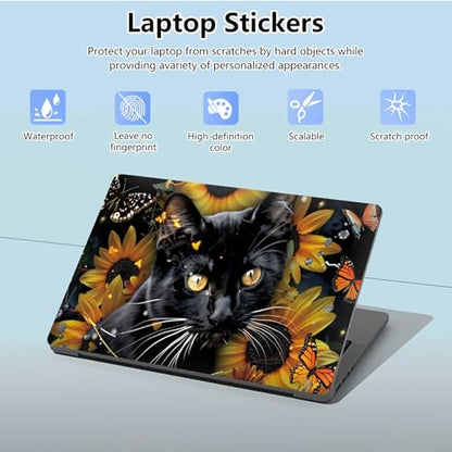 Universal Laptop Skin Sticker with 2 Wrist Pad Skins, Waterproof Scratch Resistant Vinyl Laptop Cover Decal, Cut to Fit for 11–15.6 Inch MacBook HP Dell Lenovo, Black Cat Butterfly - color: Black Cat Butterfly