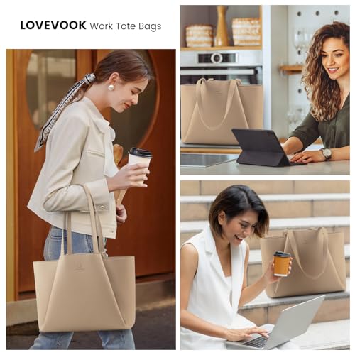 LOVEVOOK Laptop Tote for Women - 15.6 Inch Faux Leather Laptop Bag with Clutch, Large Capacity Office Purse Computer - color: Sandy, size: 15.6 inch