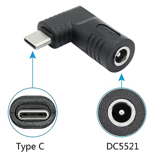 Right Angle DC 5521 to USB C Connector Adapter, 90 Degree PD 65W DC 5.5mm x 2.1mm to USB Type C Male Plug Power Charge Adapter for Laptop, Phone - Black - style: DC 5521 to USB Type c