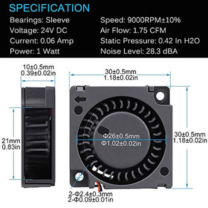 GDSTIME 30mm Blower Fan 24V 2Pin 3010 Brushless Cooling for 3D Printer 2Pcs | 30x30x10mm, DC 24 Volt, 9000RPM, High Performance, Small Turbo Blowers - size: 30x10mm