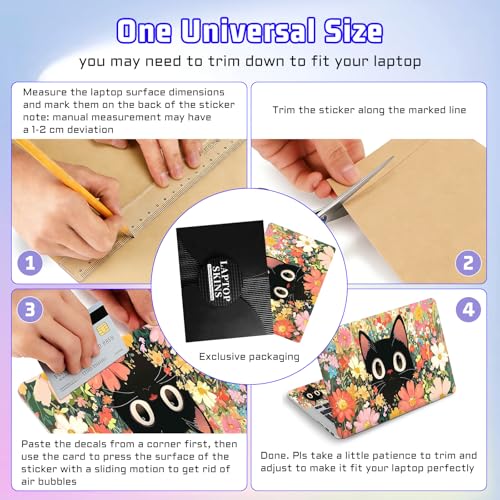 Universal Laptop Skin Sticker Decal, Compatible with MacBook HP Dell Lenovo 12"-15.6", Reusable Vinyl Notebook Cover 3PCS Set, High-Recognition Film-Black Cat in Florals - color: Black Cat in Florals