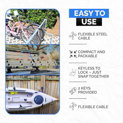 Security Cable Lock (5' to 25’ Lengths) with Keys | Weatherproof, Multi-Purpose, Anti-Theft Protection, 10mm Diameter, For Kayaks, Bikes, Paddleboards, Scooters, Equipment - size: 15ft