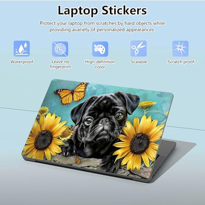 Universal Laptop Skin Sticker with 2 Wrist Pad Skins, Waterproof Scratch Resistant Vinyl Laptop Cover Decal, Cut to Fit for 11–15.6 Inch MacBook HP Dell Lenovo, Black Dog Sunflower - color: Black Dog Sunflower