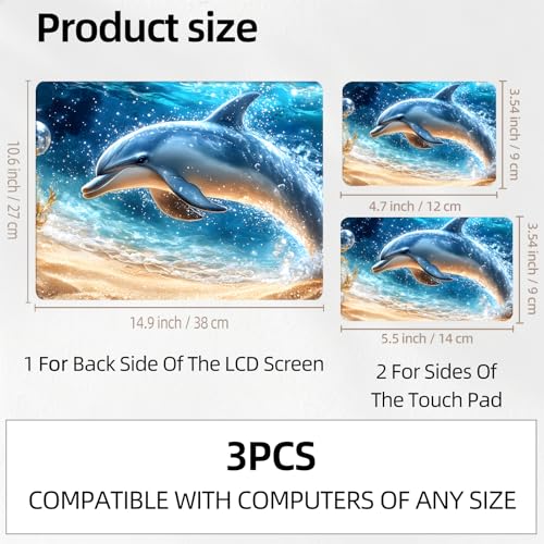 Golden Dolphin Beach Universal Laptop Skin Sticker 3PCS, Protective Decal Trim-to-Fit 11.6" 13.3" 14" 15.6" Laptop Vinyl Cover, Removable Anti-Scratch Computer Decal Protector - color: Golden Dolphin Beach