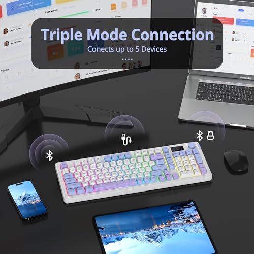 Owpkeenthy 96% Membrane Keyboard Wireless, 100% Quiet Mechanical Feeling Gaming Keyboard Gasket RGB Keyboard with Knob & Number Pad Triple Mode Bluetooth 5.0/2.4G/Wired for Laptop Desktop(98 Blue) - color: 98 Blue