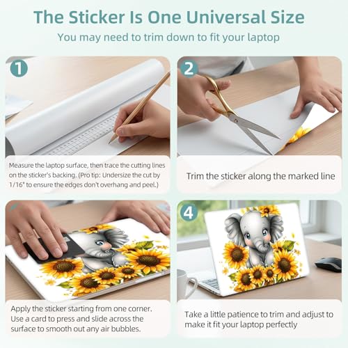Universal Laptop Skin Decal, 3-Piece Vinyl Protector for 12 13 14 15.6" Notebook, Waterproof Anti-Scratch, Easy Trim & Bubble-Free Finish, Baby Elephant Sitting on Sunflowers - color: Baby Elephant Sitting on Sunflowers