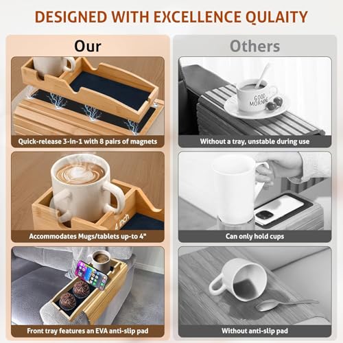 Magnetic Bamboo Couch arm tray - 3 in 1 Detachable Bamboo Sofa Arm Tray Table with Cup Holder - Foldable Non Slip Couch Armrest Table For Remote, Cell-Phone & Drinks, Snacks – Space-Saving,17.6"x13.3"