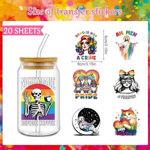 Rngmsi UV DTF Cup Wrap - 20 Sheets Pride Month UV DTF Wraps for 16 oz, LGBTQ Rainbow Love Stickers for Glass Water Botters, Skeleton Cat Rub on Transfer Decals, DIY Pride Accessories Crafts - style: Pride Month