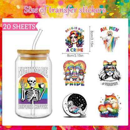 Rngmsi UV DTF Cup Wrap - 20 Sheets Pride Month UV DTF Wraps for 16 oz, LGBTQ Rainbow Love Stickers for Glass Water Botters, Skeleton Cat Rub on Transfer Decals, DIY Pride Accessories Crafts - style: Pride Month