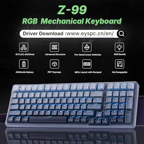 E-YOOSO Z-99 96% Tri-Mode Wireless Gasket Keyboard, Hot-Swap RGB | Pre-lubed linear switches, 15 RGB modes, macro recording, music rhythm, durable PBT keycaps, 99-key layout. - color: Gray