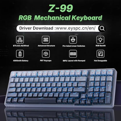 E-YOOSO Z-99 96% Tri-Mode Wireless Gasket Keyboard, Hot-Swap RGB | Pre-lubed linear switches, 15 RGB modes, macro recording, music rhythm, durable PBT keycaps, 99-key layout. - color: Gray