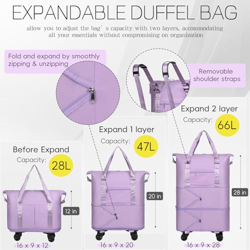 VOOWO Duffel Bag with Wheels - Rolling Foldable Expandable Duffle Bag with Wheels for Travel, Rolling Luggage Bag Carry On Travel Bag with Wheels, Large Wheeled Overnight Weekender Bag (Light Purple) - color: Light Purple