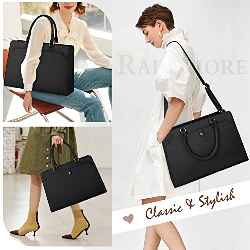 RAINSMORE Laptop Bag for Women 15.6 Inch Laptop Tote Bag Leather Work Bag Waterproof Womens Briefcase Business Office Computer Tote Bag Large Capacity Handbag Shoulder Bag Black - color: Black