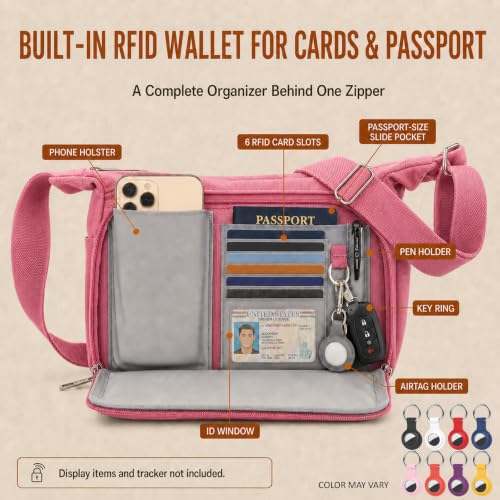 Rfid Crossbody Messenger Bag with Water Bottle Holders, 13 inch Laptop Shoulder Bag, Sling Satchel Purse w/Built-in Wallet - color: Pink