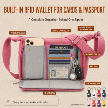 Rfid Crossbody Messenger Bag with Water Bottle Holders, 13 inch Laptop Shoulder Bag, Sling Satchel Purse w/Built-in Wallet - color: Pink