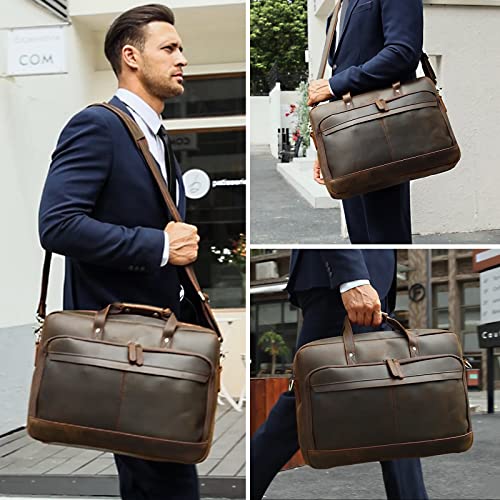 Masa Kawa Leather Briefcase for Men 15.6" 17" Laptop Business Messenger Bag | Computer Sleeve, Travel Luggage Strap, Professional Office Work Lawyer Crossbody Shoulder Attache Case - color: Brown- Fits 17.3 Inch Laptop