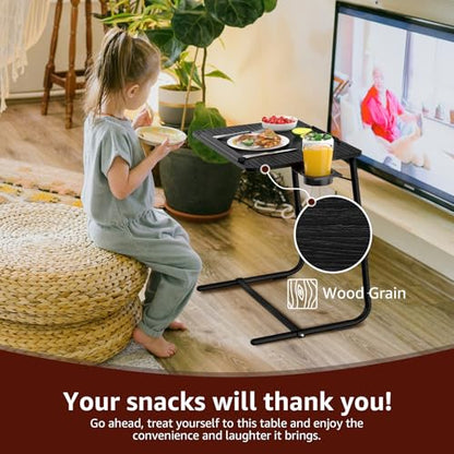 Adjustable TV Tray Black Dinner - Folding Trays for Eating On Couch Wooden Tables Mate Stand Foldable Desk with Cup Holder Portable - color: Black