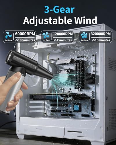 Compressed Air Duster, 2-in-1 Air Duster & Vacuum with 320000RPM Brushless Motor, Electric Air Duster Rechargeable, 3-Gear Adjustable Air Blower for Keyboard, Computer, Car, Home, Outdoor Cleaning