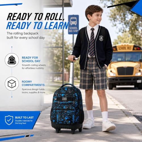 3Pcs Rolling Backpack for Boys, Men Roller Bag with Wheels for Adults, 19 Inche Graffiti Wheeled Bookbag with Lunch Box(Blue) - color: Graffiti Blue
