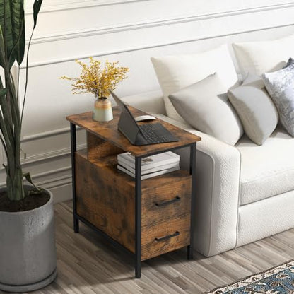 Side Tables with Charging Station, Narrow End Table with 2 Wooden Drawers, USB Ports and Power Outlets, Narrow Nightstand and Bedside Table, Side Tables Living Room, Bedroom, Brown - color: Brown