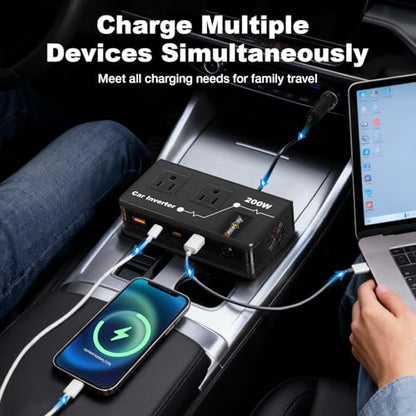 200W Car Power Inverter, Amcelooy Dual DC 12V to 110V AC Car Outlet Adapter to Wall Plug, Fast Charging 24W USB-C & USB Ports,Car Charger Cigarette Lighter Adapter for Phone,Laptop on Road Trip(Black) - color: Black
