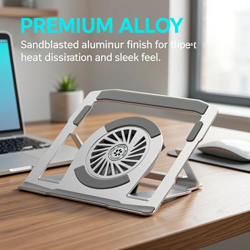 BudddhiGear Laptop Stand, Aluminum Heat Dissipation, Built-in Fan, 6 Height Adjustment, Rotatable, for Laptop