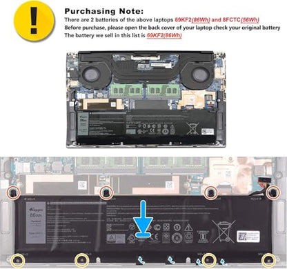 86Wh 69KF2 Laptop Battery for Dell XPS 15 9500 9510 9520 Precision 5550 5560 5570 Alienware M15 M17 R3 R4,G15 5510 5511 5515 5520 5521,G7 15 7500,Inspiron 7510 7610 P87F P91F P45E Series 8FCTC 70N2F - size: 11.75*3.31*0.34inch 69KF2