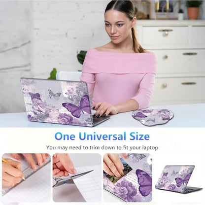 Laptop Skin Sticker Decal 15-15.6 Inch with Cute Mouse Pad, Universal Reusable Vinyl Sticker for 12.1 13 13.3 14 15.4 Inch Netbook and Notebook PC, Purple Butterfly Collage - color: Purple Butterfly Collage