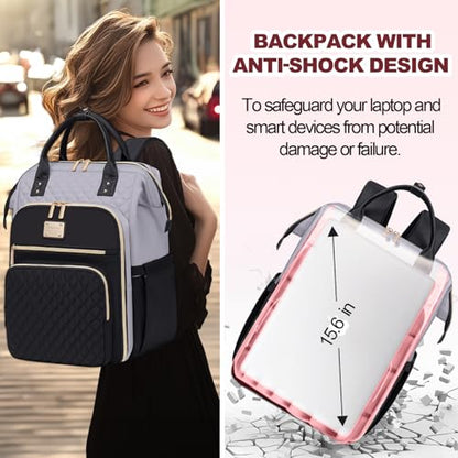 Otevan 15.6 Inch Laptop Backpack for Women, Work Backpack with Lunchbox, Insulated Backpack Cooler, Teacher Nurse Travel Backpack for Women, Gray/Black, 24009 - color: Gray/Black