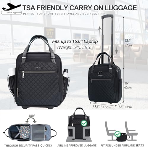 EMPSIGN Underseat Carry On Wheeled - 16" Carry on Bag with Wheels Multi-functional Lightweight Rolling Bag Overnight Weekender Small Suitcase for Women Men Travel Business, Black - color: Black