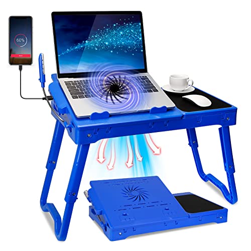 Laptop Desk for Bed,Laptop Bed Tray Table for Couch Sofa,Portable Adjustable Height Foldable Laptop Desk with Cooling Fan LED Light Mouse Pad 4 Port USB Hub(Blue) - color: Blue
