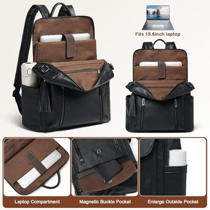 Laptop Backpack for Women 15.6 inch,Travel Leather Backpack Purse Nurse Teacher Carry on Backpack Computer Bag,Professional Water-Resistant College Business Work Casual Daypack,Two-tone Black - color: Two-tone Black