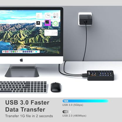 Powered USB Hub, SENTANK 14 Port USB 3.0 Hub Splitter (6 USB 3.0 Data Ports + 4 Fast Charging Ports) with Independent LED On/Off Switch, with 60W Power Adapter for Mac, PC