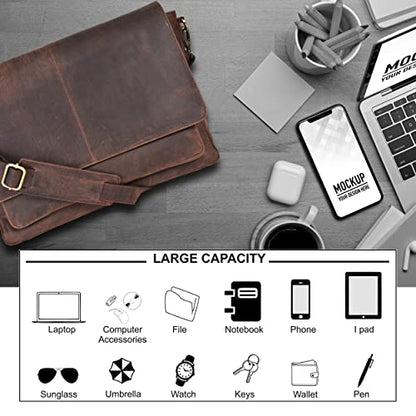 Oak Leathers Leather Messenger Bag for Men and Women - Laptop Briefcase Bag For College, Office, Adjustable Shoulder Strap - color: Walnut With Diary