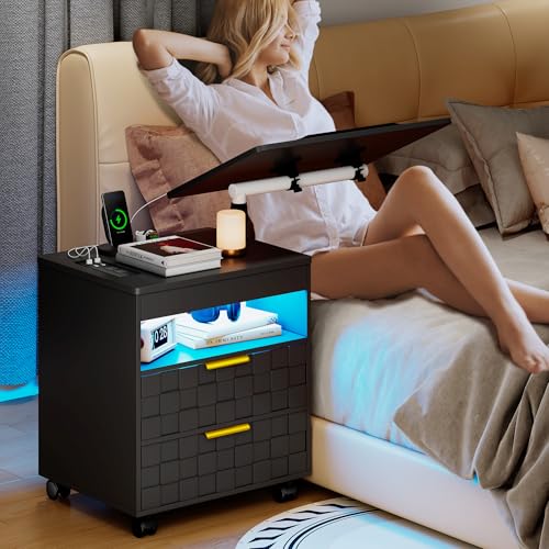 Lareth Rolling Nightstand with Wheels, LED Lights, Charging Station | Height Adjustable, Bedside Table 2 Drawers, Smart Wooden End Table Dorm Side Table Laptop Workstaion, Bedroom, Black - color: A Black