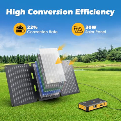 JIYHF Portable Power Station 99.9Wh with Foldable Solar Panel 30W, Laptop Charger & Backup Power with 65W USB-C PD, 100W AC Outlet, 12V DC Output, LED Light for Camping, Home Backup, Emergency, RV - style: P100 Orange+30W