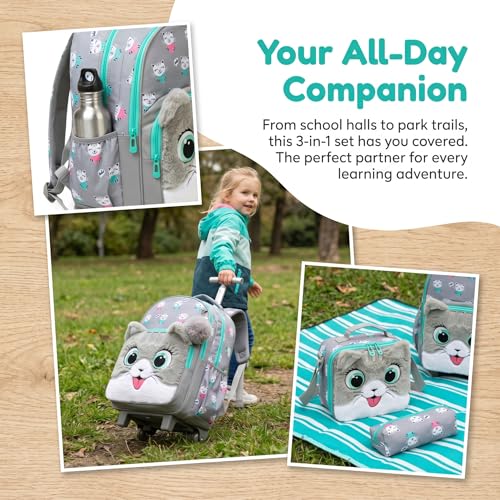 Kids Fluffy Cat Rolling Backpack for Girls, Bookbag Wheeled Gray | Trolley Suitcases Luggage, Travel with Wheels, 3PCS Roller Backpacks Set, Toddler School Bags, Elementary Back Pack - color: Gray-0121-maomi