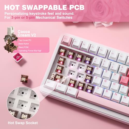 YUNZII B75 PRO Wireless Mechanical Gaming Keyboard | Custom 75% Layout with Knob,Gasket Mount,Hot Swap,Creamy Pre-lubed Switch,BT/USB-C/2.4G (White, Cocoa Cream V2 Switch) - color: White, size: Cocoa Cream V2 Switch