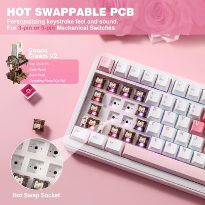 YUNZII B75 PRO Wireless Mechanical Gaming Keyboard | Custom 75% Layout with Knob,Gasket Mount,Hot Swap,Creamy Pre-lubed Switch,BT/USB-C/2.4G (White, Cocoa Cream V2 Switch) - color: White, size: Cocoa Cream V2 Switch