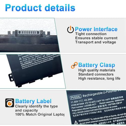 PV03XL PP03XL L83388-AC1 Laptop Battery for HP Pavilion x360 14M-DW 14-DV 14-DW 13-BB 14-DK 15-EH 14m-dw0xxx dw0023dx dw1023dx dw1013dx dw0013dx dw1033dx 14-dv0xxx dw0xxx Series PV03043XL L83388-421 - size: 7.40*3.74*0.25inch PV03XL