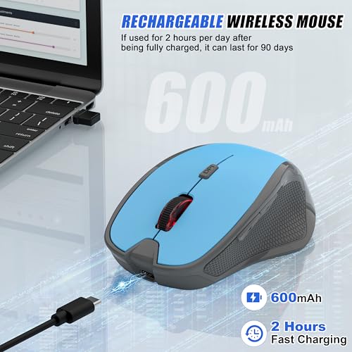Wireless Bluetooth Mouse for iPad Pro MacBook, Ergonomic Rechargeable Mice with Jiggler Mode, 2-Mode Bluetooth 5.2/3.0 & 2.4G USB-A/USB-C Receiver, Silent Optical Mouse for Mac PC Laptop, Blue - color: Bluetooth Wireless Mouse (Blue)