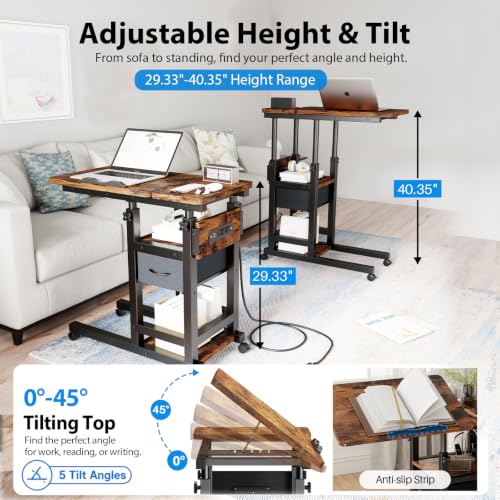 Adjustable Overbed Bedside Table with Wheels, Charging Station | Tilting Top, Adjustable Side Table, 2-Tier Storage with Drawer, Over Bed Table, C-Shaped End Table for Beds, Couch - color: Brown