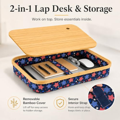 Mayjoy Bamboo Laptop Lap Desk with Storage, Removable Cover, Navy Star | Use laptops up to 15.6” on the bamboo top; store tablets, notebooks, mouse, cables, and pens inside. - color: Navy Star