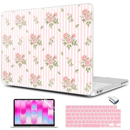 MEEgoodo Printed Case for New MacBook Neo 13 Case inch 2026 Release Model A3404, Laptop Hard Shell with Keyboard Cover & Screen Protector & USB-C Adapter, Pink Stripes&Roses - color: Pink Stripes&Roses