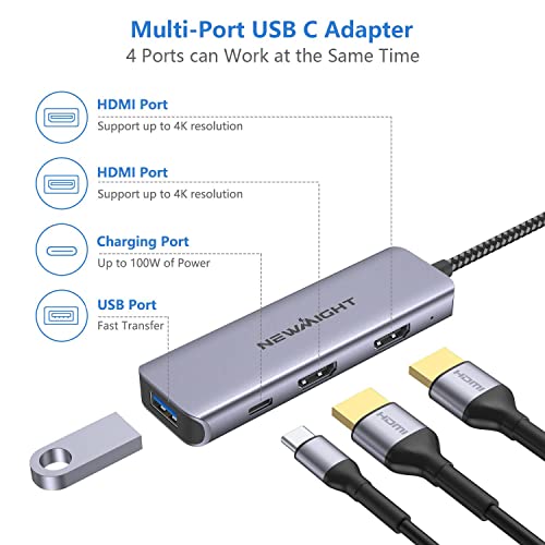 USB C Dual HDMI Adapter for 2 Monitors, Newmight 4-in-1 USB C to Dual Monitor HDMI Splitter, Supports Single 4K 60Hz and Dual 4K 30Hz, 100W PD, USB-A Port for MacBook, HP, Dell, iPhone 15/16 Series