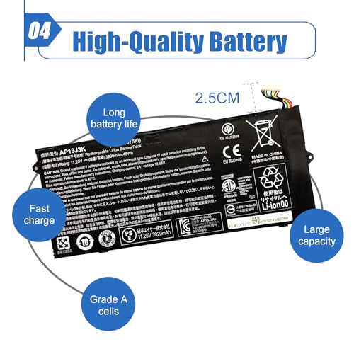 AP13J3K AP13J4K 45Wh Laptop Battery Compatible with Acer Chromebook 11.6" 11 C720 C720P C740 Series Notebook KT.00304.001 KT.00303.001 CB3-431-C5EX 11.4V 3920mAh (2.5cm Short Cable)