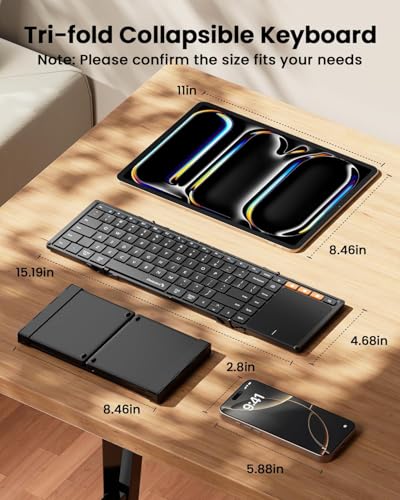 ProtoArc XK01 TP Foldable Keyboard with Touchpad, 0.65 in Keycaps, Black | Multi-touch Trackpad, 88-key, Full Shortcut Row, 3-device Bluetooth 5.1 Switching, USB-C Charging for Mobile Productivity - color: Black