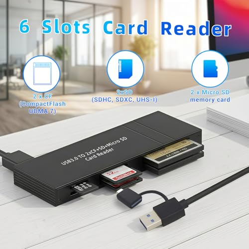 6 Slot USB-C Card Reader, Multi Function Memory Card Adapter Simultaneously Reads SD/Micro SD/CF Cards, USB 3.0 Data Transfer with 2-in-1 Cable, Aluminum Digital Camera Transfer to Phone - color: 2CST