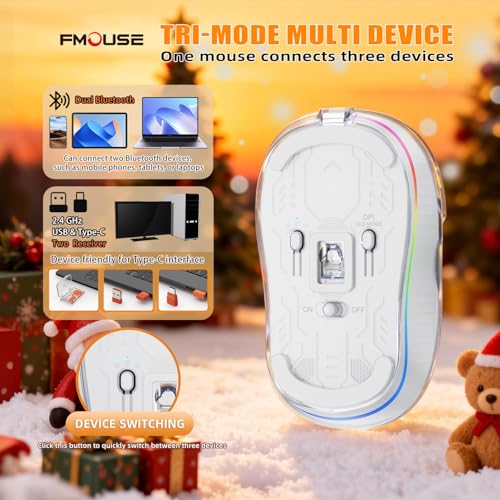 FMOUSE Transparent Wireless Mouse, Tri-Mode Bluetooth 5.1 & 2.4GHz, USB-A & USB-C Receiver, Silent Rechargeable RGB, 3 Devices for MacBook Laptop iPad PC, Pure White Edition — White - color: White - Christmas Special Edition